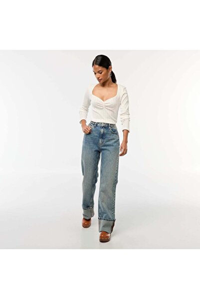 KIABI Regular High-Waisted Jeans with Wide Turn-Up Hems BLUE