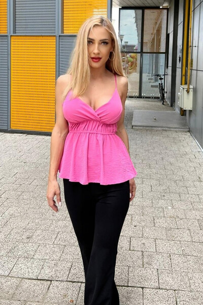 FashionForYou Τοπ Alissa, με εφέ baby-doll και λαιμόκοψη με βολάν, ροζ