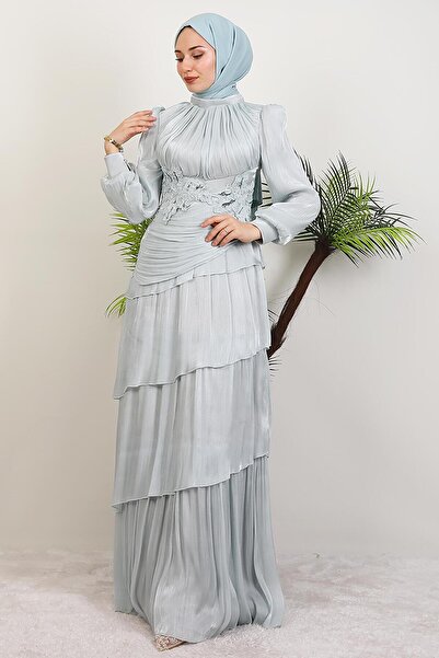 GİYZAMİLA Menekşe Kat Kat Abiye Açık Mint