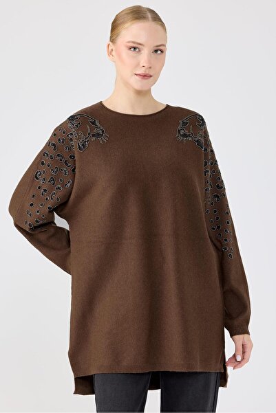 Tığ Triko Leopar Taş işlemeli Bluz KAHVE