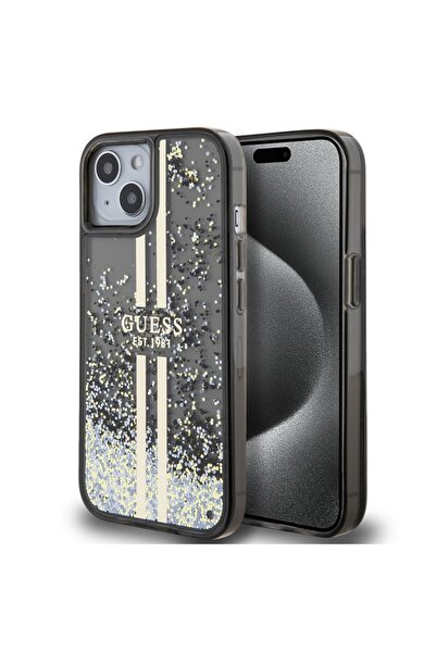 Guess Θήκη για iPhone 15, Υγρό γκλίτερ με χρυσές ρίγες, - Μαύρη