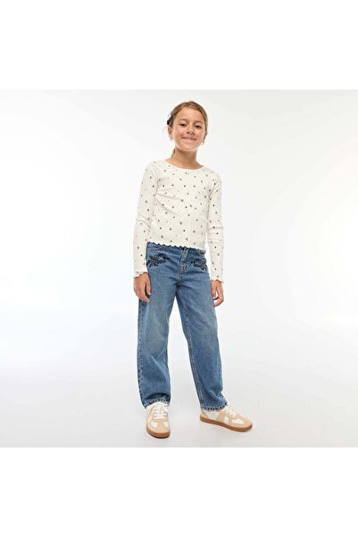 KIABI بنطال جينز مستقيم الساق مع تطريز باللون الأزرق