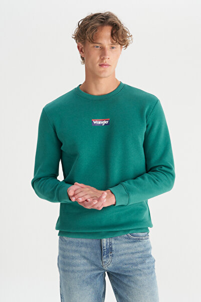 WRANGLER Regular Fit Normal Cut Crew Neck Green Sweatshirt with Fleece Inside