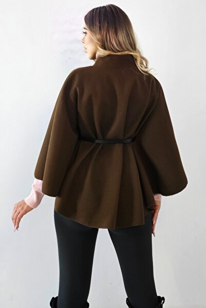FashionForYou Amalia poncho cardigan with button and waist belt, brown