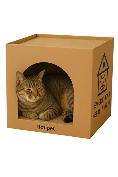 Rotipet Karton Kedi Evi ve Tırmalama Kutusu 32x32x32 cm –Çift Fonksiyonlu Kedi Evi ve Tırmalaması