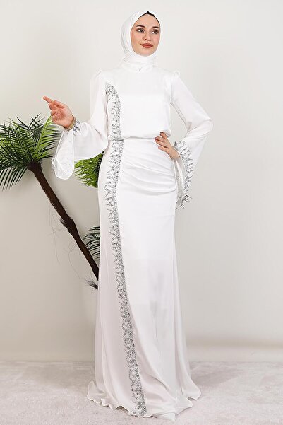 GİYZAMİLA Mihrimah Saten Abiye Beyaz