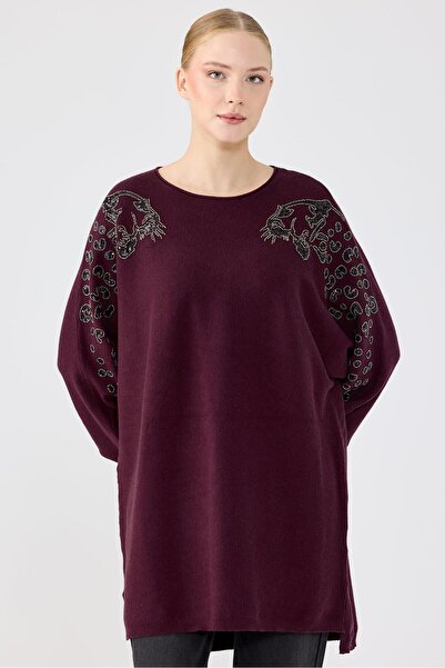 Tığ Triko Leopar Taş işlemeli Bluz MÜRDÜM