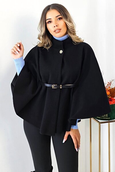 FashionForYou Amalia fabric cape, with cufflinks and high collar, Black