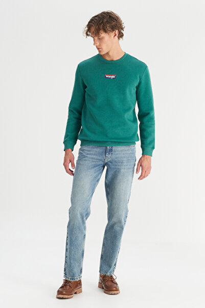 WRANGLER Regular Fit Normal Cut Crew Neck Green Sweatshirt with Fleece Inside
