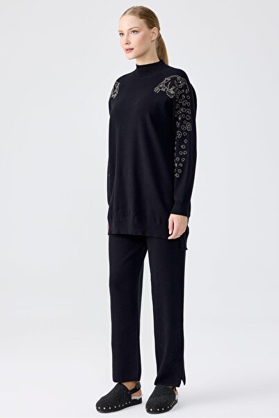 Tığ Triko Leopard Stone Embroidered Tunic Pants Set Black