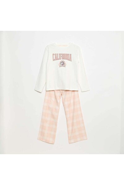 KIABI Fleece Long Pajama Set - T-shirt + Pants - 2 pieces WHITE
