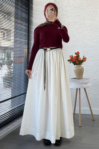 MELEK ARAZ Beli Lastikli Gabardin Kloş Etek – Beyaz