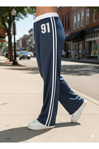 Toum 91 Number Oversize Navy Blue Baggy Sweatpants with Waist Drawstring Detail