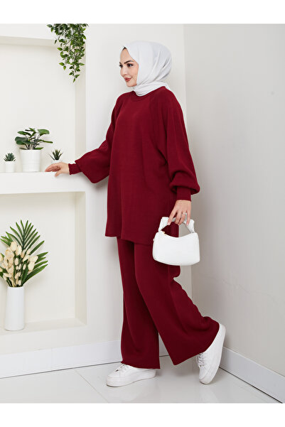 FERHEL Women's Balloon Sleeve Steel Mesh Tunic and Pants Two-Piece Set