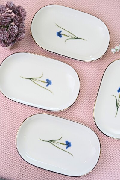 tabakevi Tabak Evi Porcelain Natura Iris Gold Gilded Oval Boat Plate 27,50X17,50X3Cm 4 Pcs
