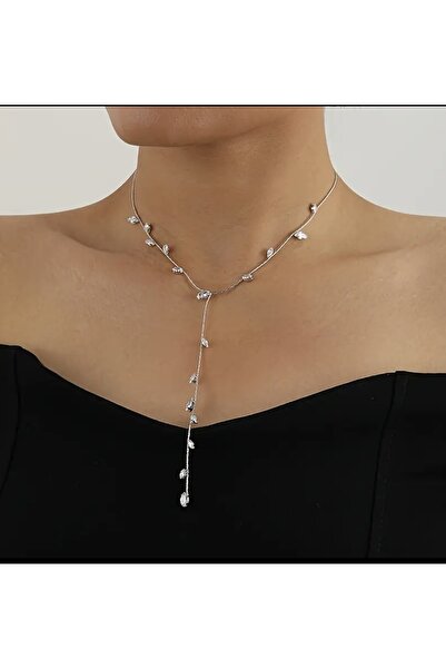 NESSORİA Taşlı zarif silver ışıltılı taşlı Y model kolye