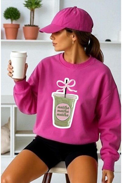 ArtYus سويت شيرت للجنسين بأكمام طويلة وطباعة أمامية لمشروب الماتشا وياقة على ...