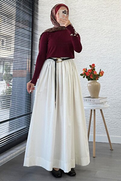 MELEK ARAZ Beli Lastikli Gabardin Kloş Etek – Beyaz