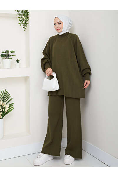 FERHEL Women's Balloon Sleeve Steel Mesh Tunic and Pants Two-Piece Set