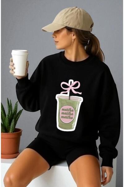 ArtYus سويت شيرت للجنسين بأكمام طويلة وطباعة أمامية لمشروب الماتشا وياقة على ...