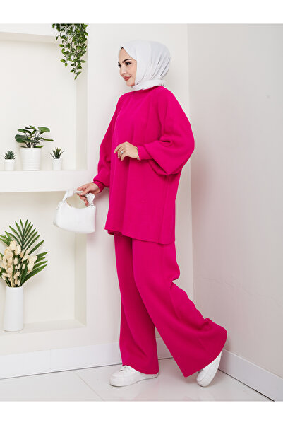 FERHEL Women's Balloon Sleeve Steel Mesh Tunic and Pants Two-Piece Set