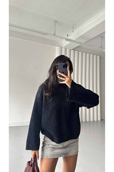 Piedra Black Crew Neck Soft Yarn Wide Sleeve Detailed Knitwear Sweater