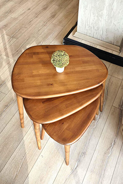 Asimetrik Masif Ahşap Doğal | Modern İskandinav Tarzı 3'lü Zigon Sehpa Seti