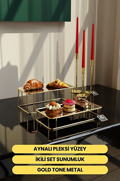 mba decor metal bending art Prisma Model Gold Aynalı Sunum Tepsisi – İkili Set | Dekoratif & Şık Sunum 30x15cm