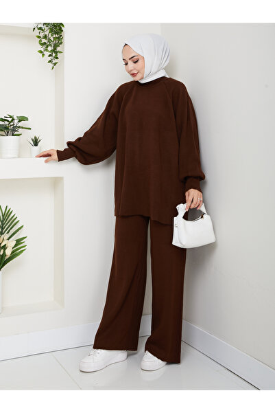 FERHEL Women's Balloon Sleeve Steel Mesh Tunic and Pants Two-Piece Set