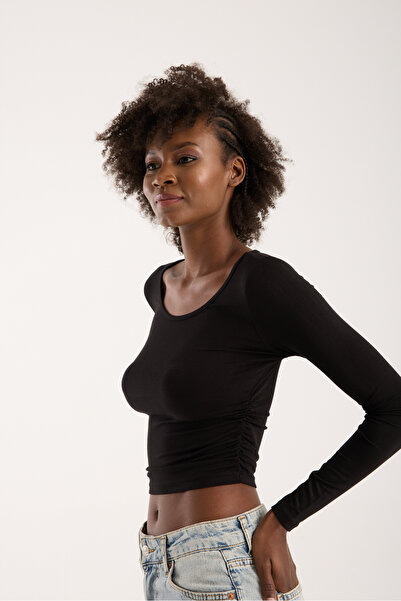 FOORS Ženska Sa naborima dugih rukava crna Viskoza bluza