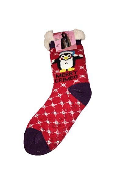 Inkastyl Sosete rosii termice antiderapante Teddy fleece Pinguin, marime 38/41