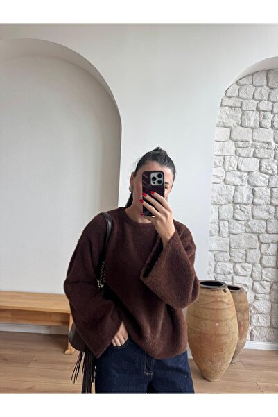 Piedra Brown Crew Neck Soft Bearded Yarn Wide Sleeve Knitwear Sweater