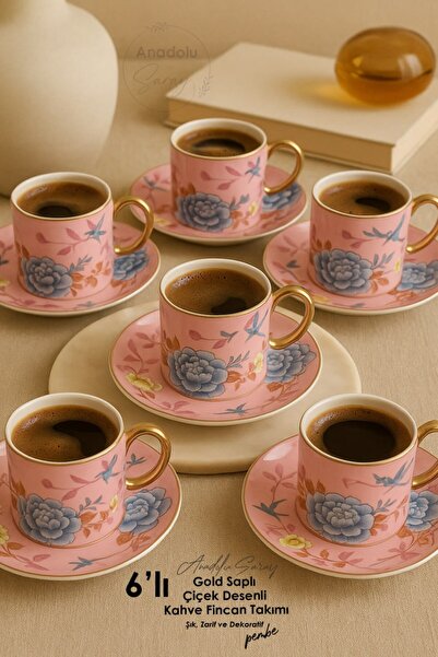 Anadolu Saray 6 Adet Gold Saplı Çiçek Desenli Lüks Porselen Türk Kahvesi Fincan Takımı – Şık, Zarif ve Özel Tasarı
