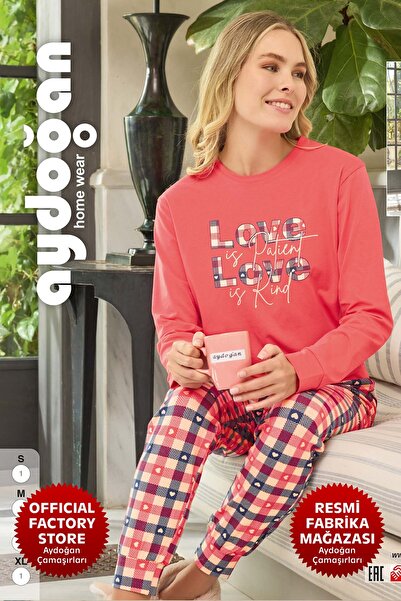 Aydoğan Kadın Pembe Pijama Takımı %95 Pamuk Uzun Kollu Bisiklet Yaka