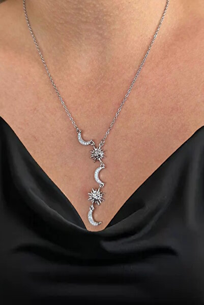CAŞ DEKORASYON Silver Color Moon and Sun Steel Necklace