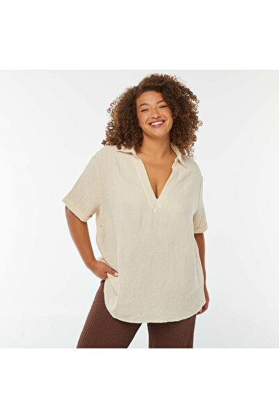 KIABI Cotton gauze blouse with polo collar WHITE