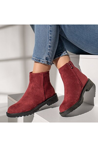 Modlet.ro Women's red suede low-sole boots with zipper MOD12243