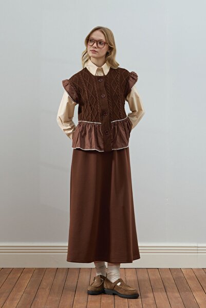 Ceylan Otantik Σετ πλεκτό γιλέκο με βολάν Bitter Brown & Φούστα Scuba Bitter Brown
