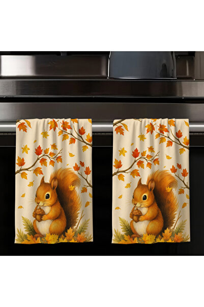 Else Halı Sonbahar Sincap Desenli 2 li Set Dekoratif Yıkanabilir Pamuklu Mutf...