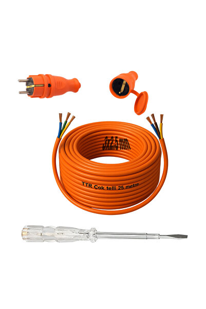 Badem10 3x2.5 mm 25 Metre Seyyar Uzatma Kablosu TTR CCA Telli Elektrik Kablo Kontrol Kalem Dişi Erkek Fiş