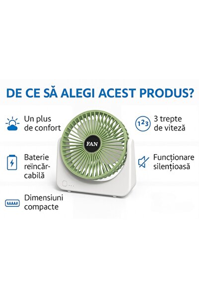 GermaNova Portable Fan GermaNova™, White/Green, 19.5x19.5x7cm, USB Charging, 1200 mAh Battery, 3 Speed Level