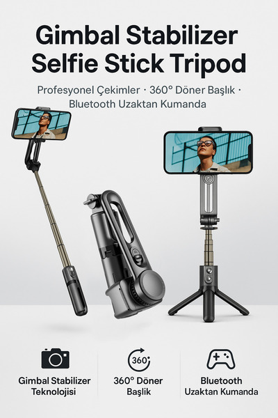 Coverzone Gimbal Tripod - Titreşim Önleyici, 360° Döner, Bluetooth Kumanda, Video Fotoğraf İçin L18 Mini