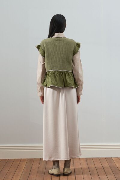 Ceylan Otantik Σετ Χακί Πλεκτό Γιλέκο με βολάν & Κρεμ Φούστα Scuba