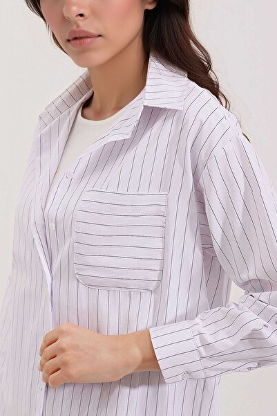 Hiccup Bdart Pocket Detailed, Plus Size, Striped Poplin Shirt