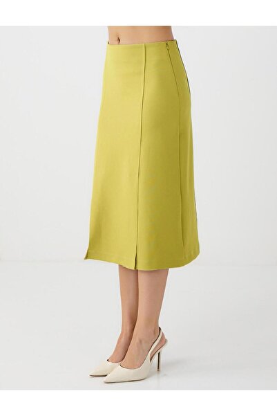 Jimmy Key Yağ Yeşili Düz Kesim Normal Bel Midi Örme Etek