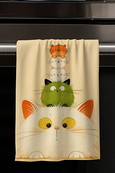 Else Dekor Colorful Cats Patterned Set of 2 Decorative Washable Cotton Kitchen Oven Hand Towels