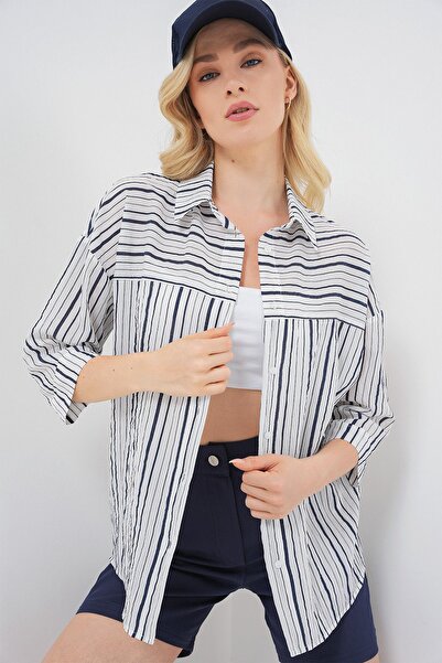Hiccup Bdart Three Quarter Sleeve Striped Poplin Shirt