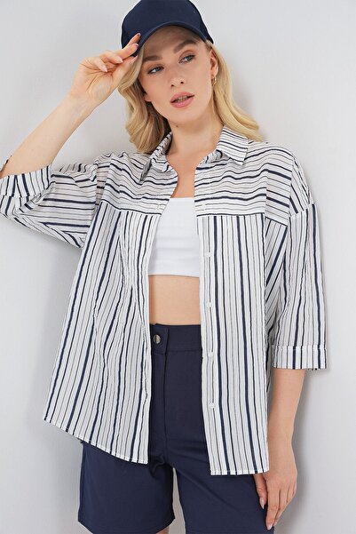 Hiccup Bdart Three Quarter Sleeve Striped Poplin Shirt