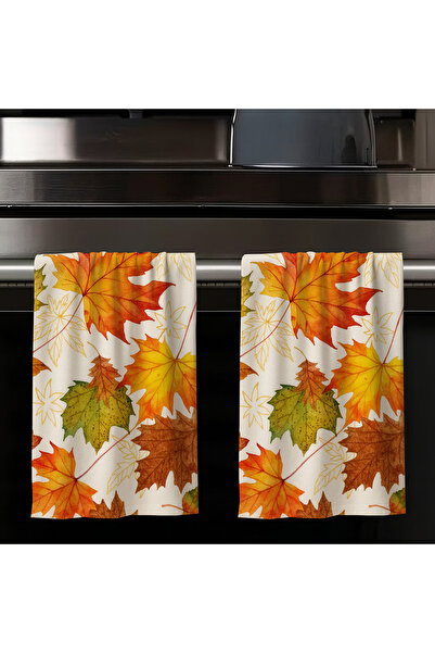 Else Dekor Autumn Plane Leaves Patterned Set of 2 Decorative Washable Cotton Kitchen Oven Hand Towels