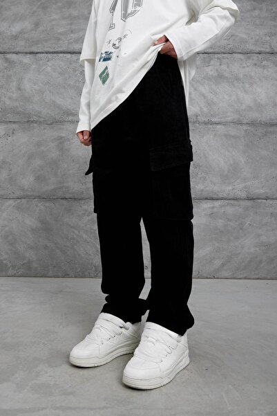 NOMARC Μαύρο W11 Gabardin υφασμάτινο φαρδύ τζιν παντελόνι πλαϊνή τσέπη τεμαχίων